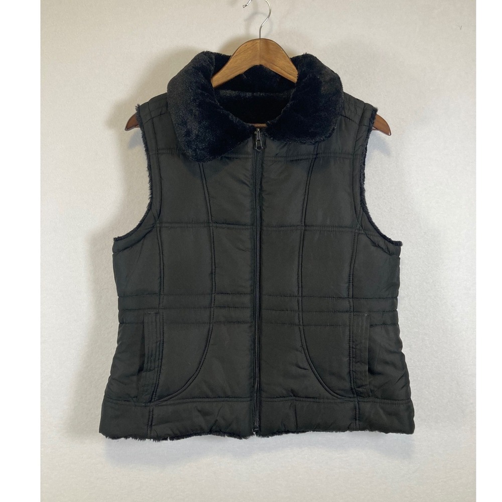 KC‎ Collections Puffer Vest Womens Large Black Faux Fur Collar Quilted Zip Up